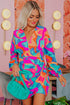 Multi-Color Abstract Print Wrap V Neck Puff Sleeve Dress